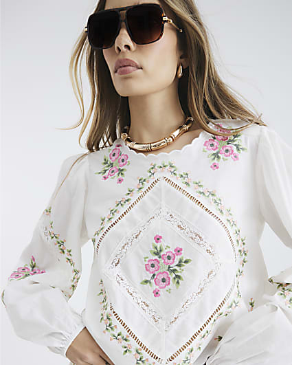 White Long Sleeve Floral Embroidered Blouse