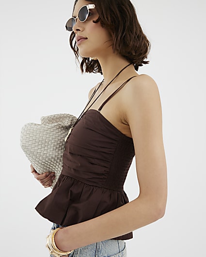 Brown Bandeau Peplum Top