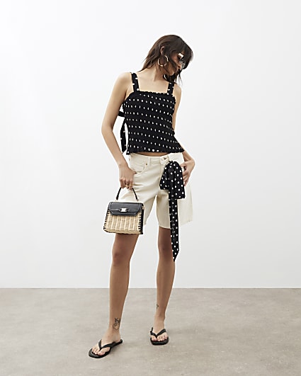 Black Polka Dot Sleeveless Shirred Top