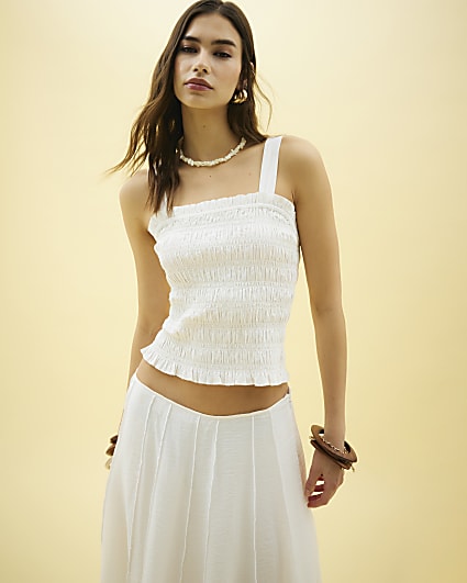 White Sleeveless Shirred Top