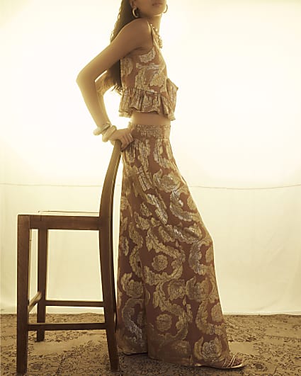 Brown Wide Leg Gold Floral Trousers
