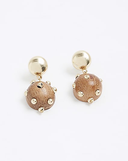 Brown Wood Baller Stud Earrings