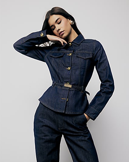 Denim Long Sleeve Belted Peplum Jacket