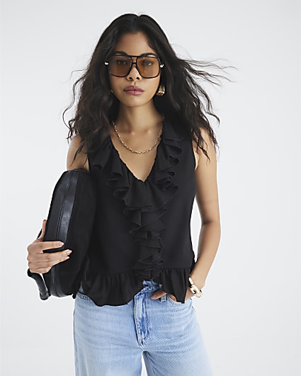 Black Sleeveless Ruffle Top