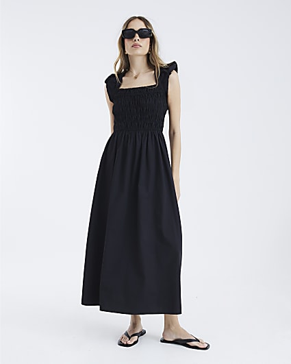 Black Cap Sleeve Shirred Midi Dress
