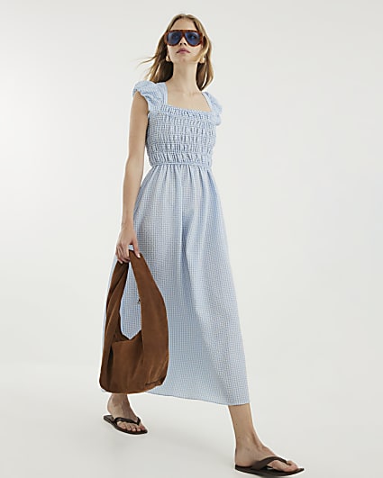 Blue Gingham Cap Sleeve Shirred Midi Dress