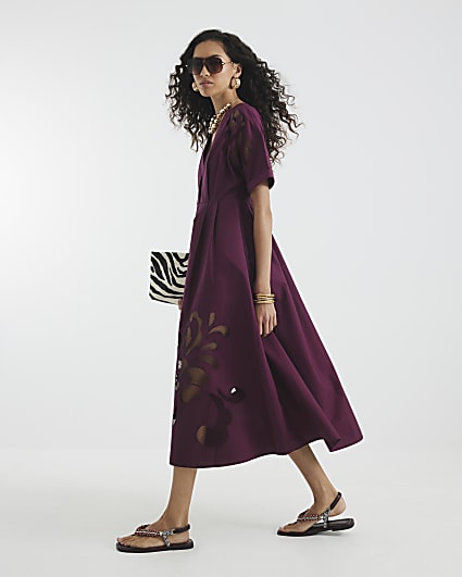 Red Short Sleeve Cutwork Midi Dress