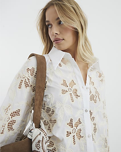 White Long Sleeve Cutwork Shirt