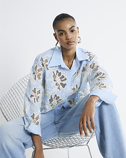 Blue Long Sleeve Floral Cutwork Shirt