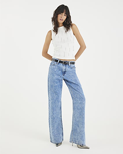 Blue Belted Relaxed Straight Leg Jeans