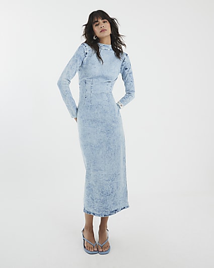 Blue Denim Long Sleeve Acid Wash Midi Dress