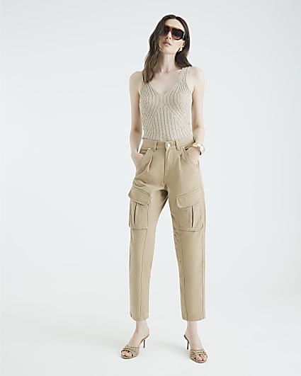 Beige Twill Pocketed Cargo Trousers