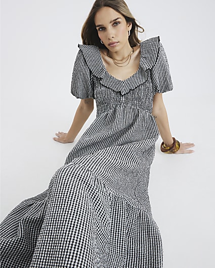 Black Gingham V Neck Frill Midi Dress