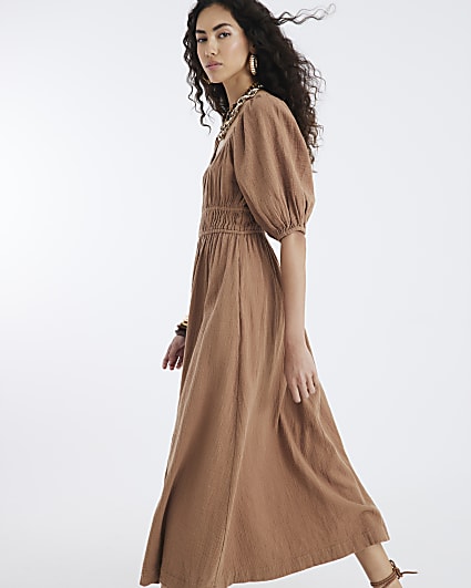 Brown Short Sleeve Gathered Midi Dress
