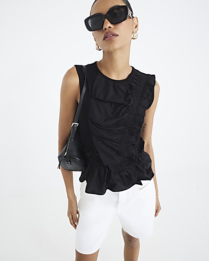 Black Sleeveless Poplin Mix Frill Top