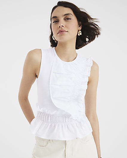 White Sleeveless Poplin Mix Frill Top