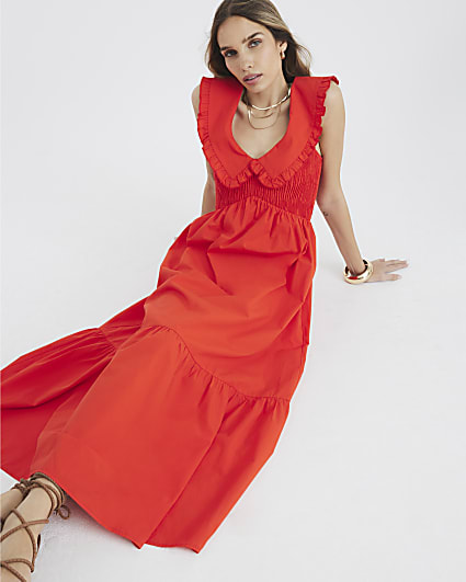 Red Ruffle Collar Shirred Maxi Dress
