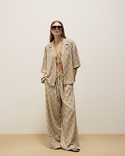 Beige Stud Embellished Wide Leg Trousers