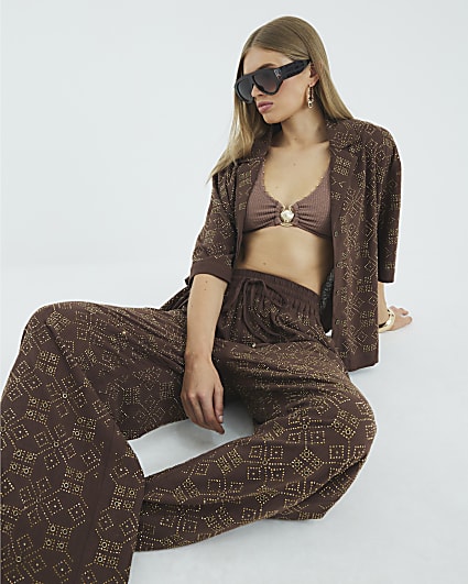 Brown Stud Embellished Wide Leg Trousers