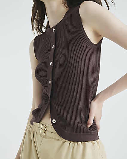 Brown Curved Hem Ribbed Top