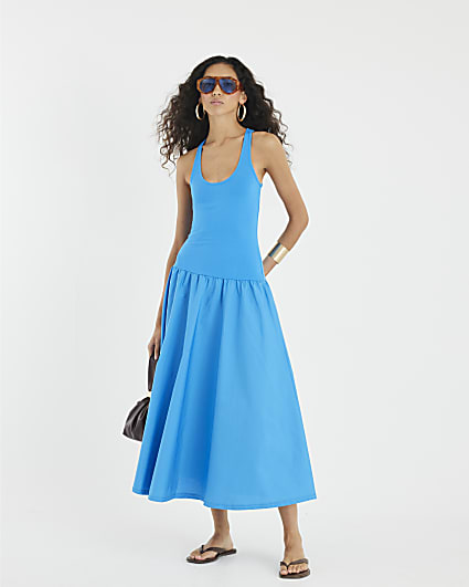 Blue Sleeveless Scoop Neck Maxi Dress
