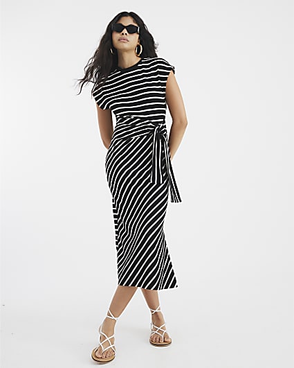 Black Stripe Knot Side Midi Dress
