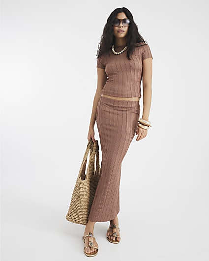 Brown Textured Midi Skirt