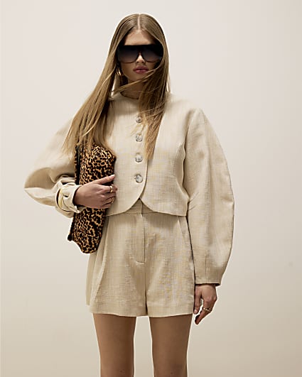 Cream Long Sleeve Collarless Jacket