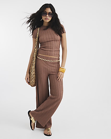Brown Textured Wide Leg Trousers
