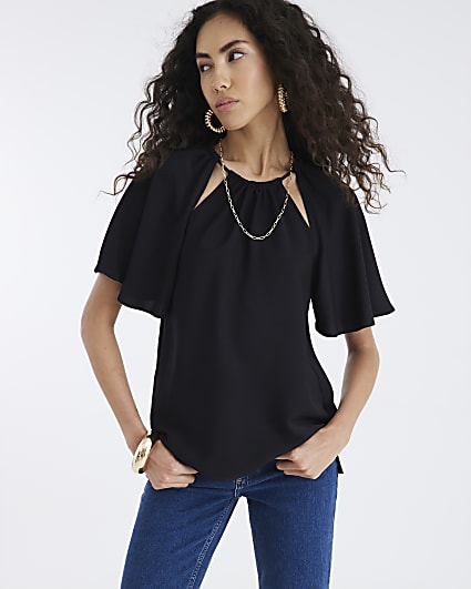 Black Ruched Neck T-shirt