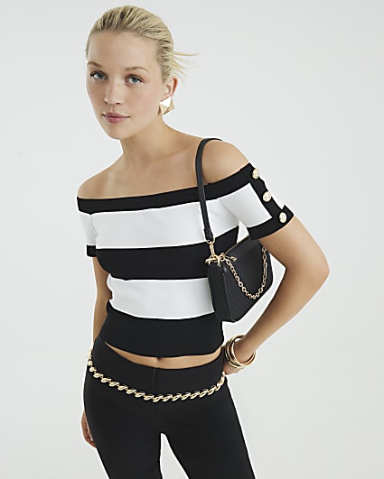 Black Striped Knit Bardot Top