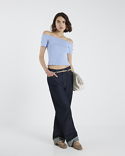 Blue Knit Bardot Top