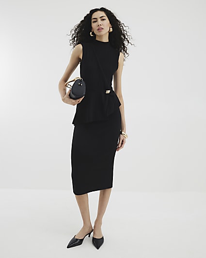 Black Asymmetric Cosy Ribbed Midi Dress