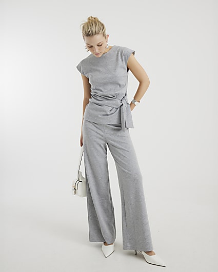 Grey Pinstripe Wide Leg Trousers