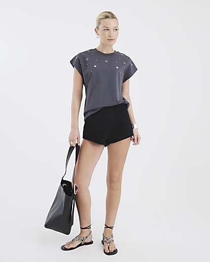 Grey Eyelet Detail T-Shirt