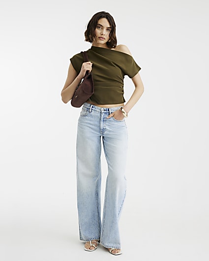 Khaki Grown On Sleeve Ruched Top