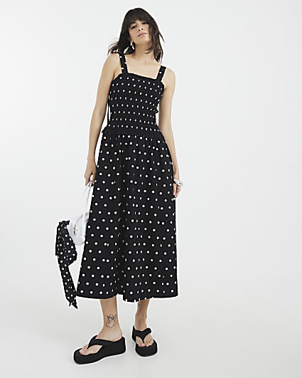 Black Polka Dot Shirred Midi Dress