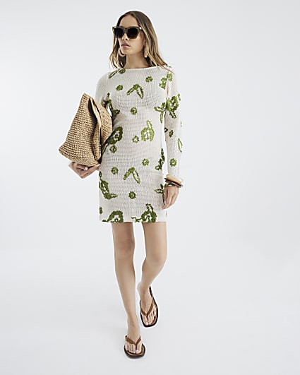 Khaki Embroidered Crochet Mini Beach Dress