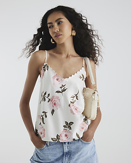 Cream Floral Scallop Trim Cami Top