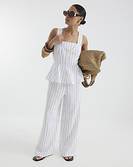 Petite White Stripe Peplum Jumpsuit