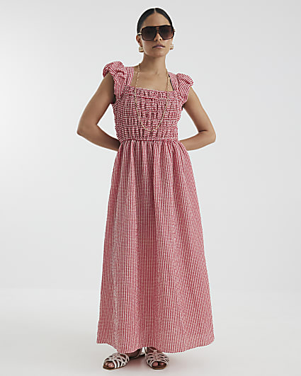 Petite Red Gingham Shirred Midi Dress
