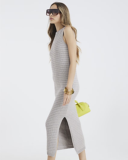 Grey Sleeveless Metallic Crochet Maxi Dress