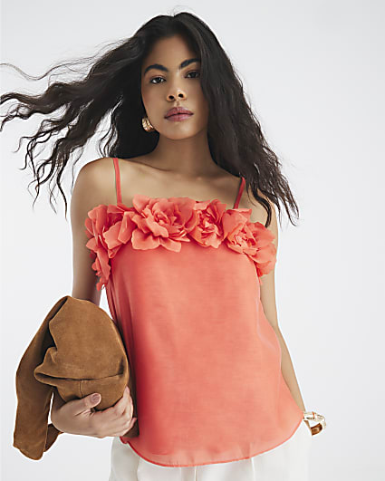 Orange 3D Floral Trim Cami Top