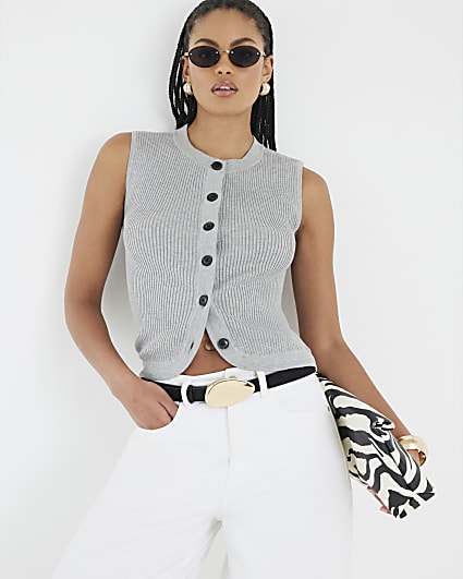 Grey Knitted Curved Hem Ribbed Top