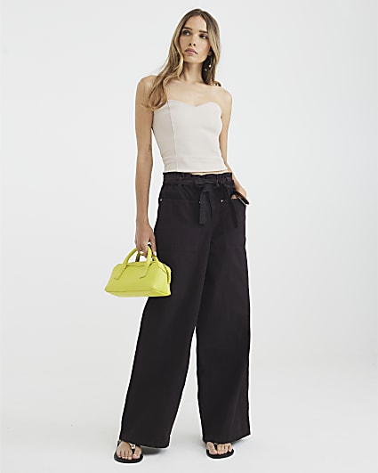 Brown Paperbag Belted Wide Leg Jeans