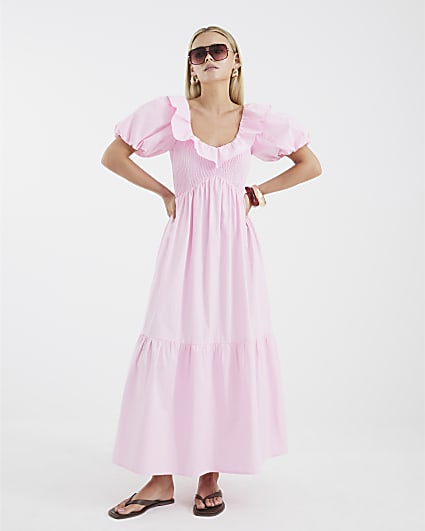 Petite Pink V Neck Frill Midi Dress