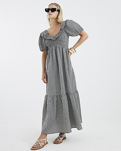 Petite Black Gingham V Neck Frill Midi Dress