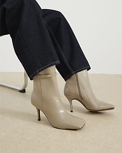 Beige Square Toe Heeled Ankle Boots