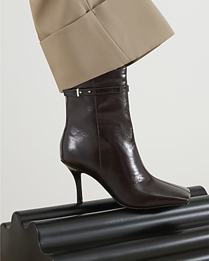 Brown Square Toe Heeled Ankle Boots