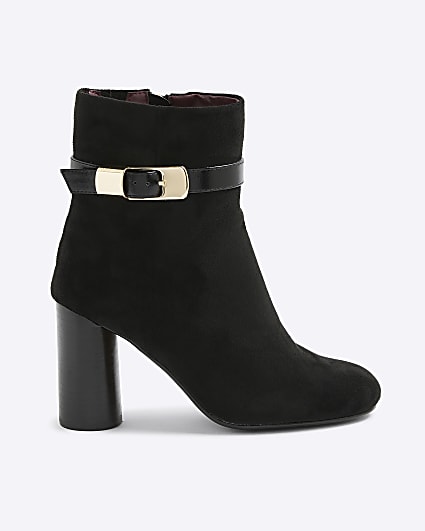Black Faux Suede Block Heel Buckle Boots